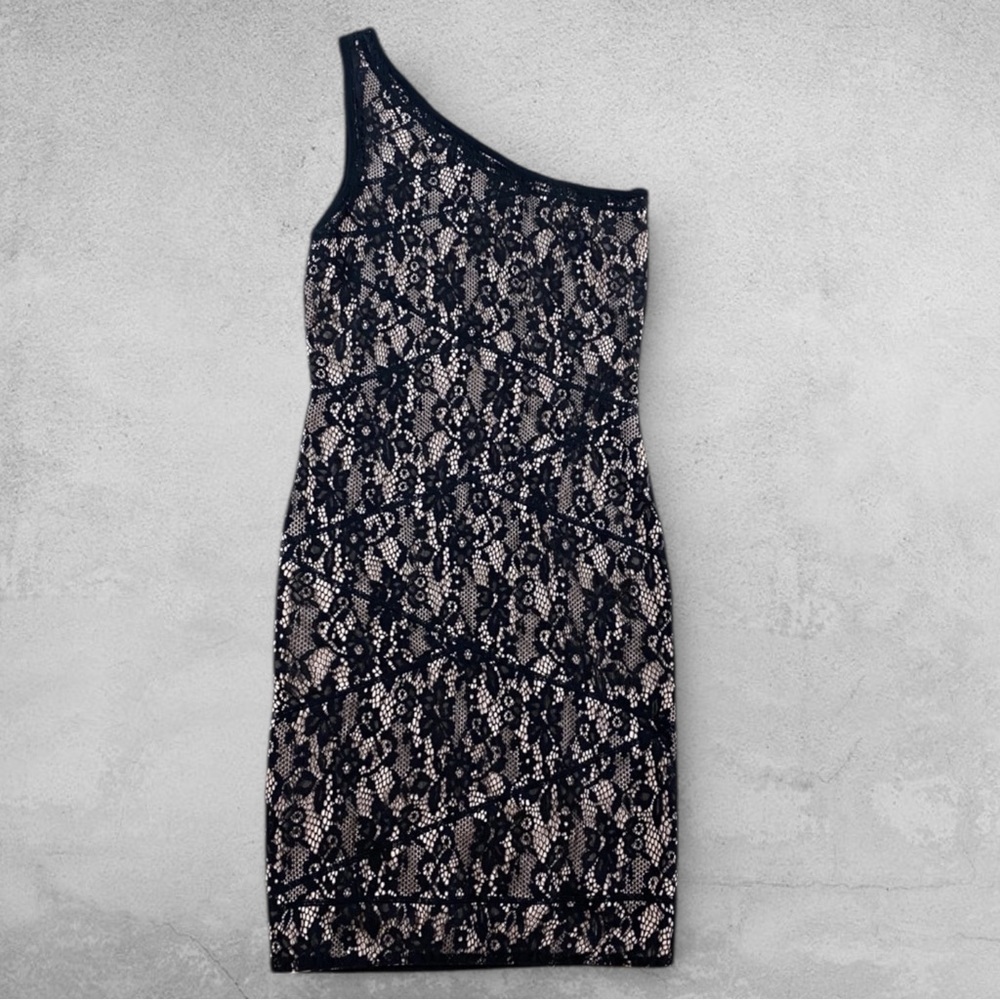 Vtg XOXO Y2k Womens Bodycon Dress L Black Nude Floral Lace One Shoulder